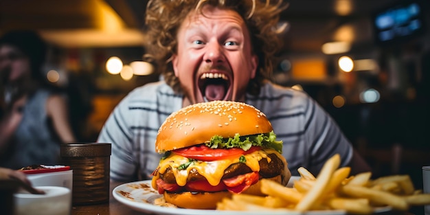 Aufgeregt ist eine Person dabei, in einem Restaurant einen riesigen Burger zu essen. Fröhliche Essenszeit. Feinschmecker erfreuen KI