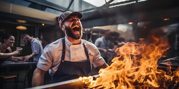 Foto aufgeregt kocht der koch auf einem brennenden grill bei einer lebhaften outdoor-veranstaltung, einem kulinarischen abenteuer im ungezwungenen stil, das die hitze des augenblicks einfängt. ki