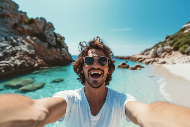 Aufgeregt Schöner Mann, der Selfie am Strand macht
