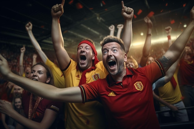 Aufgeregte belgische Fußballfans, die während eines Spiels im Stadion für ihre Mannschaft jubeln