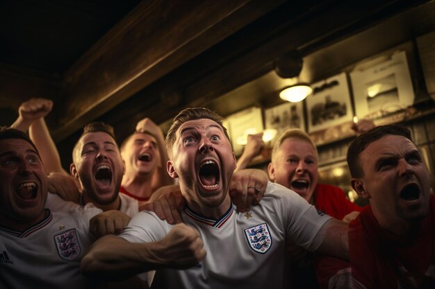 Foto aufgeregte englische fußballfans, die während eines spiels im stadion für ihre mannschaft jubeln