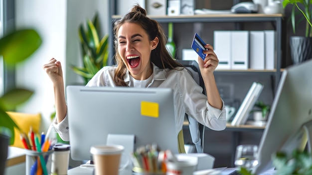 Aufgeregte Frau feiert Erfolg mit Kreditkarte in der Hand im Home-Office Casual-Stil aufrichtige Emotionen moderner Lebensstil E-Commerce Sieg-Moment KI