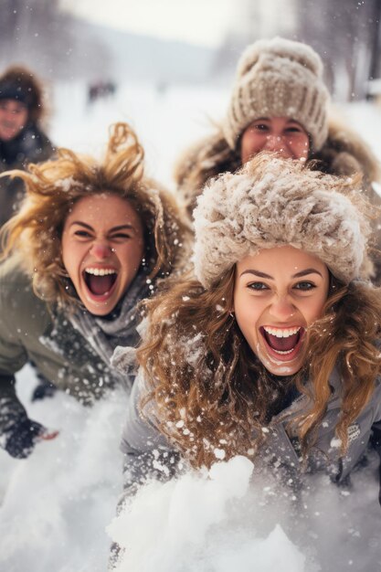 Aufgeregte Freunde spielen im Schnee