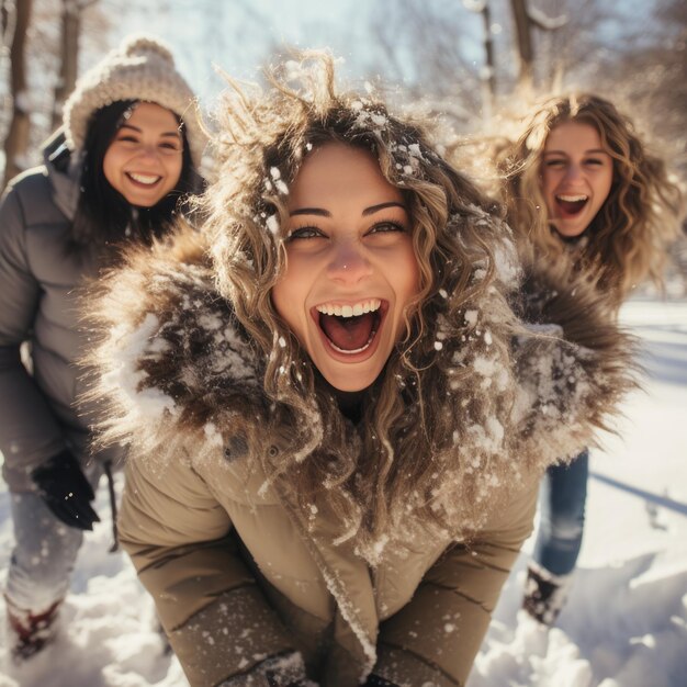 Aufgeregte Freunde spielen im Schnee