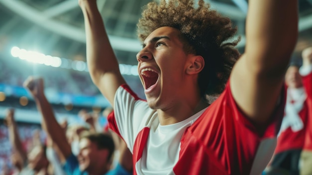 Aufgeregte Fußballfans feiern ein Tor im Stadion AIG41