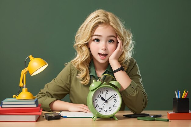 Aufgeregte junge blonde Studentin sitzt mit Schulutensilien am Schreibtisch und blickt in die Kamera, hält die Hand auf dem Gesicht und hält den Wecker isoliert an einer olivgrünen Wand