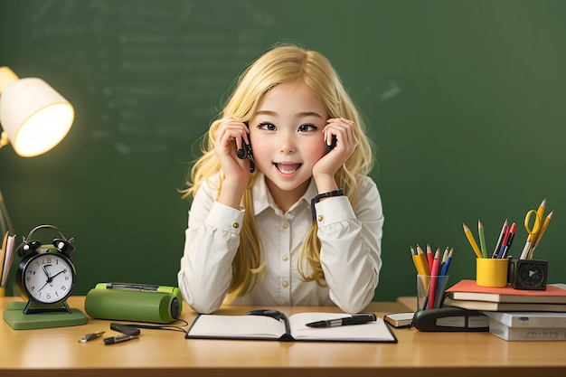 Aufgeregte junge blonde Studentin sitzt mit Schulutensilien am Schreibtisch und blickt in die Kamera, hält die Hand auf dem Gesicht und hält den Wecker isoliert an einer olivgrünen Wand