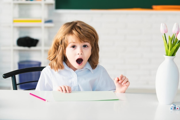 Aufgeregte Kinder im Klassenzimmer in der Schule Bildung und Lernen für Kinder Erstauntes Kindergesicht