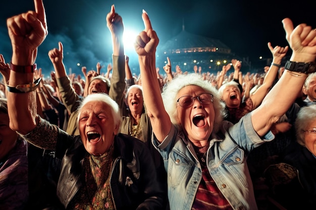 Foto aufgeregte menschenmenge jubelt bei musiktheateraufführung. alte leute bei musikkonzert