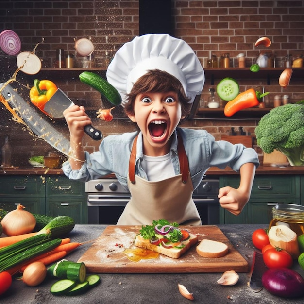 Aufgeregter Junge mit Kochhut und Schürze kocht mit Gemüse in einer Küche