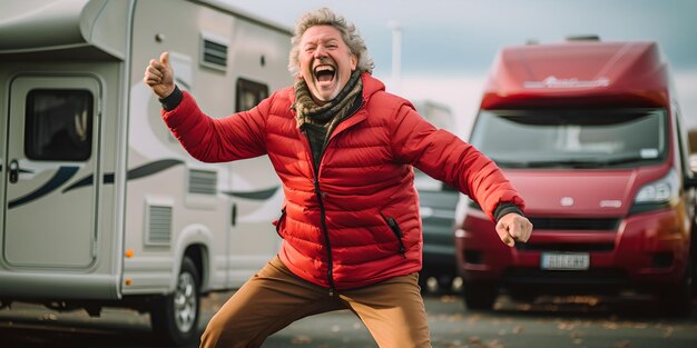 Aufgeregter Mann springt vor sein Wohnmobil und umarmt die Freiheit auf der Straße freudige Road Trip Abenteuer KI