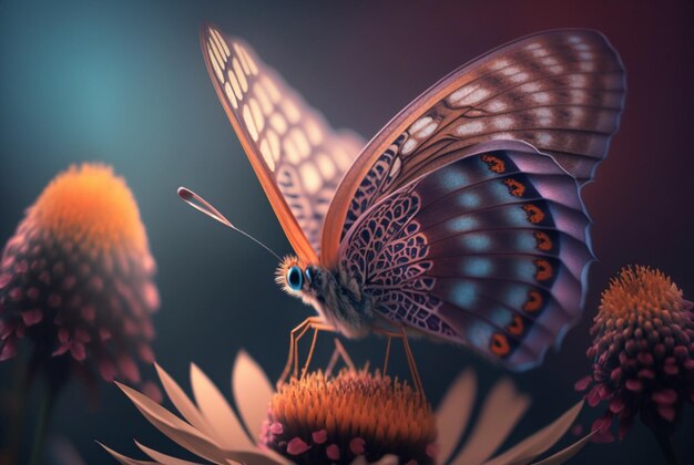 Aufgeregter Schmetterling auf generativem ai der Frühlingsblumen