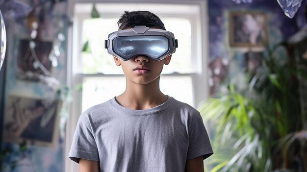 Aufgeregter Teenager mit VR-Brille, der eine virtuelle Realität mit Freude genießt Ai generative