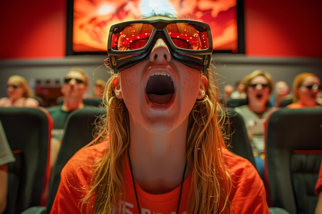 Foto aufgeregtes publikum erlebt einen intensiven 3d-film im kino mit anderen zuschauern