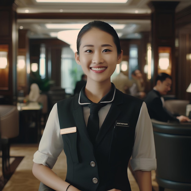 Aufgeschlossene chinesische Hotelreiniger, alle lächeln und sind glücklich