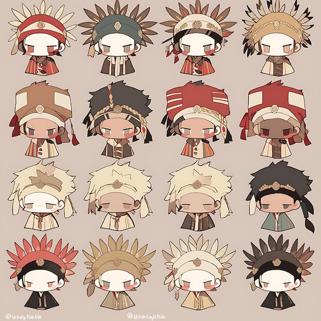 Foto aufkleber des männlichen indianischen häuptlings chibi kawaii native fashion earth concept art game asset