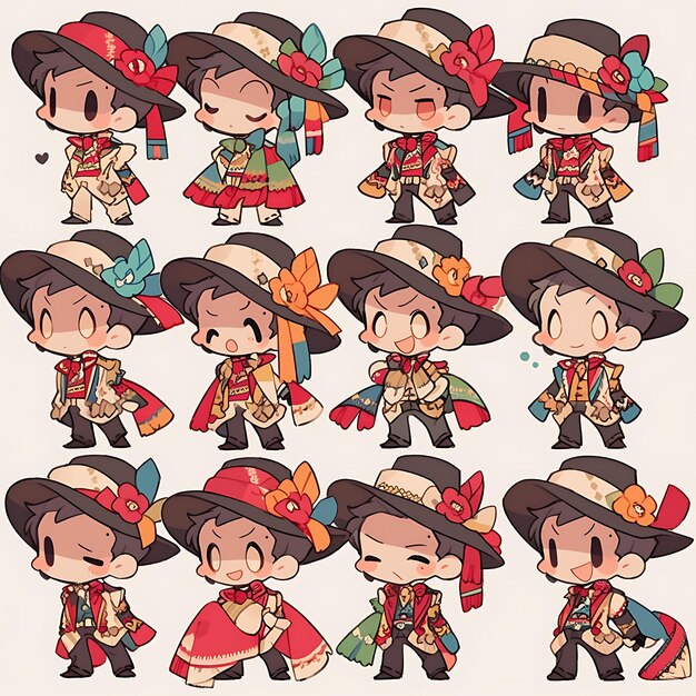 Aufkleber des männlichen mexikanischen Charro Chibi Kawaii Traditioneller Charro Anzug Fas Konzeptkunst Spiel Asset