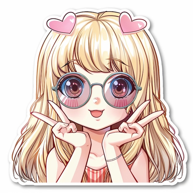 Aufkleber eines niedlichen chibi blonden Anime-Mädchens mit Friedensfingern