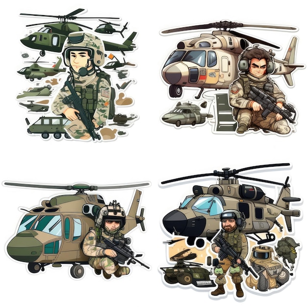 Aufkleber-Set mit Armee-Action-Cartoon-Soldat auf weißem Hintergrund