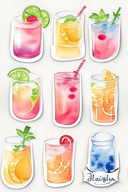 Aufkleberblatt Mocktails Aquarell Clipart weißer Hintergrund kein Hintergrund isoliert auf Muster