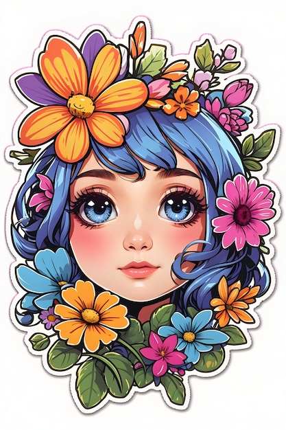Aufkleberdesign für Mädchen mit groovigen Blumen und süßen Augen