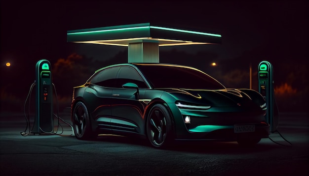 Aufladen von Elektroautos auf der Station Abbildung Grünes Neon leuchtendes EV-Fahrzeug, das eine Batterie auffüllt Moderner Hybrid