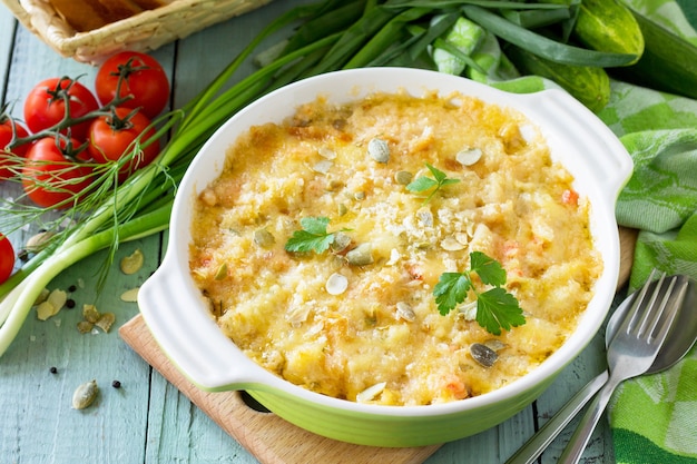 Auflaufstreusel mit rotem Fischweißbrot und Käse auf dem Küchenholztisch