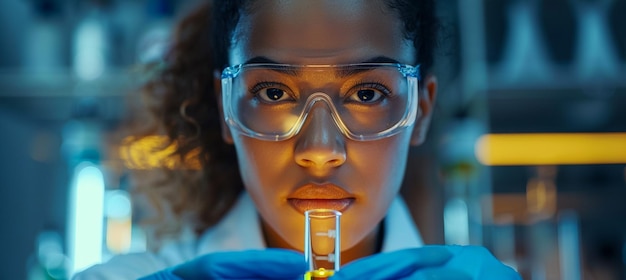 aufmerksame weibliche Wissenschaftlerin, die sich eine blaue Flüssigkeit in einem Reagenzrohr ansieht und die Ergebnisse aufschreibt