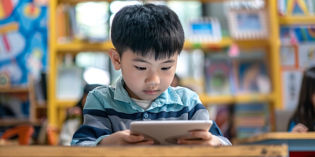 Aufmerksamer asiatischer Schüler benutzt ein Tablet für virtuelle Bildung im STEM-Unterricht