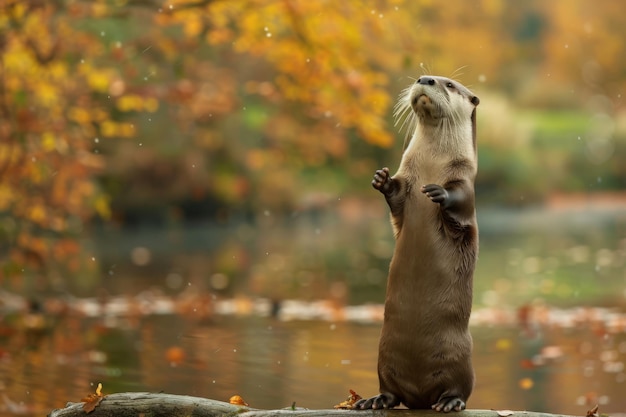 Foto aufmerksamer otter steht tagsüber aufrecht an einem fluss in seinem natürlichen lebensraum