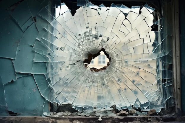 Foto aufnahme der hinterhältigen überreste eines raubüberfalls ein gebrochenes fenster in einem alten, zerstörten gebäude foto