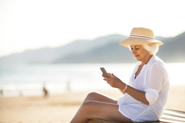 Aufnahme einer älteren Frau, die am Strand sitzt und mit generativer KI erstellte SMS schreibt