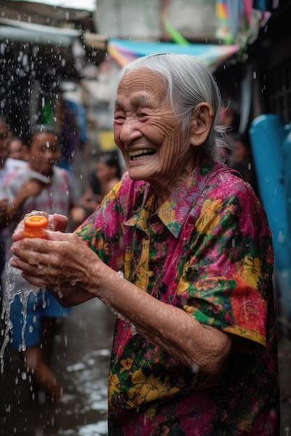 Aufnahme einer älteren Frau, die beim Songkran-Festival eine Wasserschlacht genießt, die mit generativer KI erstellt wurde