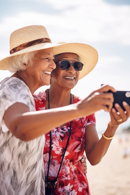 Aufnahme einer älteren Frau, die ein Foto von ihrer Freundin im Urlaub macht