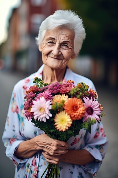 Aufnahme einer älteren Frau, die einen Blumenstrauß in der Hand hält, der mit generativer KI erstellt wurde
