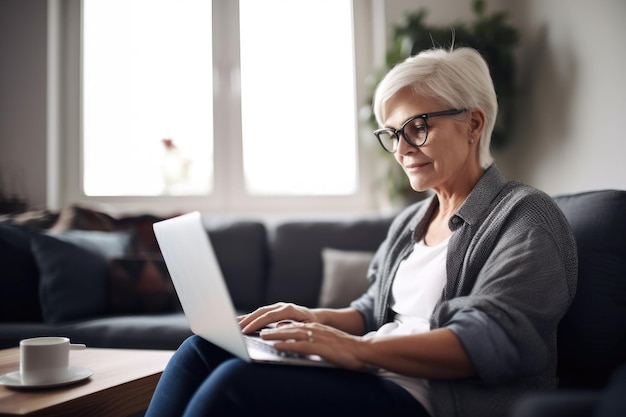 Aufnahme einer älteren Frau, die ihren Laptop zu Hause auf dem Sofa benutzt, erstellt mit generativer KI