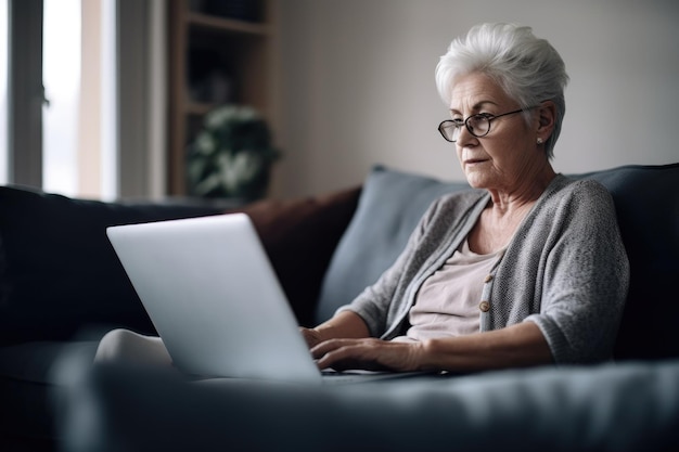 Aufnahme einer älteren Frau, die ihren Laptop zu Hause auf dem Sofa benutzt, erstellt mit generativer KI