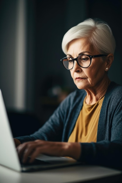 Aufnahme einer älteren Frau, die zu Hause an ihrem Laptop arbeitet