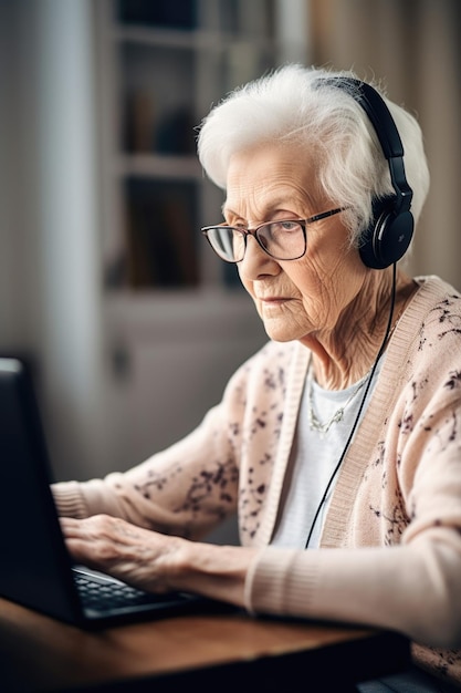 Aufnahme einer älteren Frau, die zu Hause einen Laptop und ein Headset benutzt, erstellt mit generativer KI