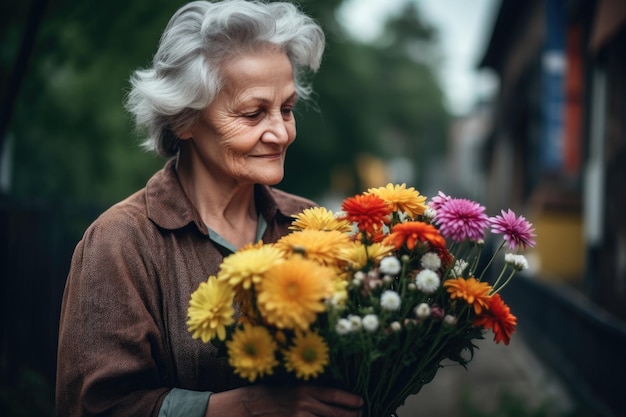 Aufnahme einer älteren Frau mit einem Bündel frischer Blumen in den Händen
