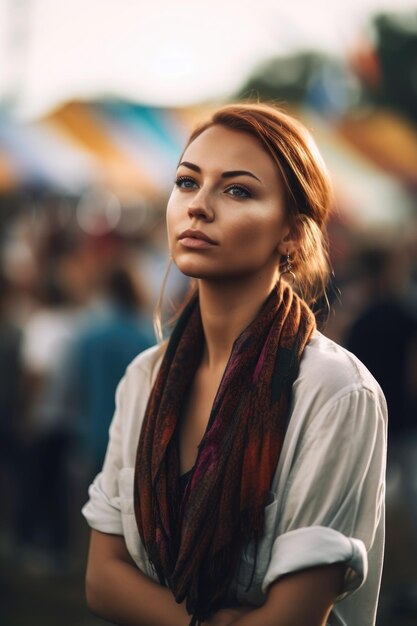 Aufnahme einer attraktiven jungen Frau, die allein auf einem Festival steht, erstellt mit generativer KI