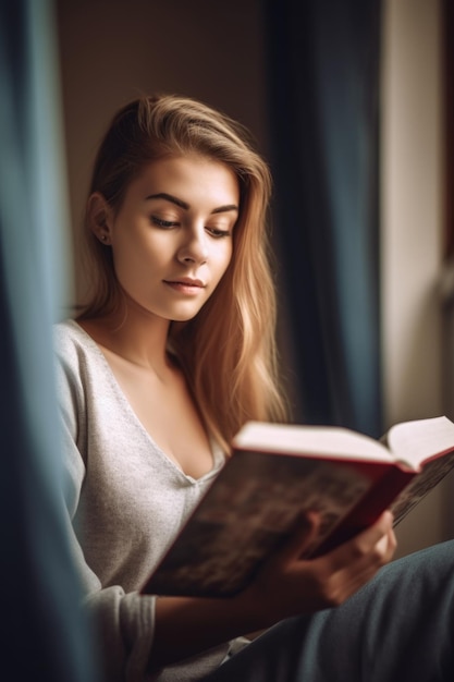 Aufnahme einer attraktiven jungen Frau, die ein Buch liest, während sie sich zu Hause entspannt, erstellt mit generativer KI