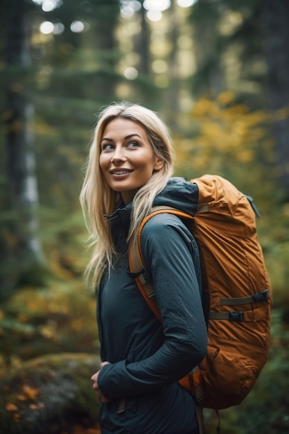 Aufnahme einer attraktiven jungen Frau, die eine Wanderung im Wald genießt