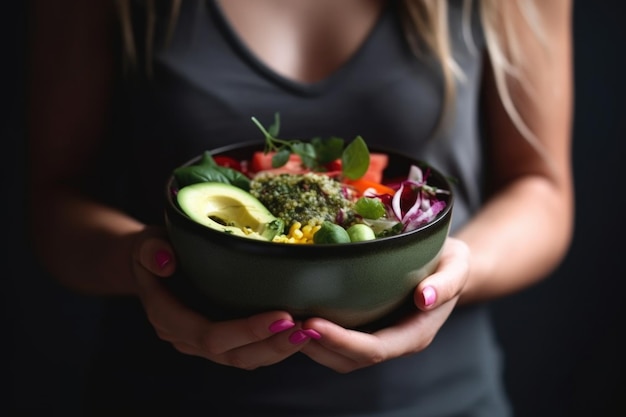 Aufnahme einer attraktiven jungen Frau, die einen mit generativer KI zubereiteten Salat genießt