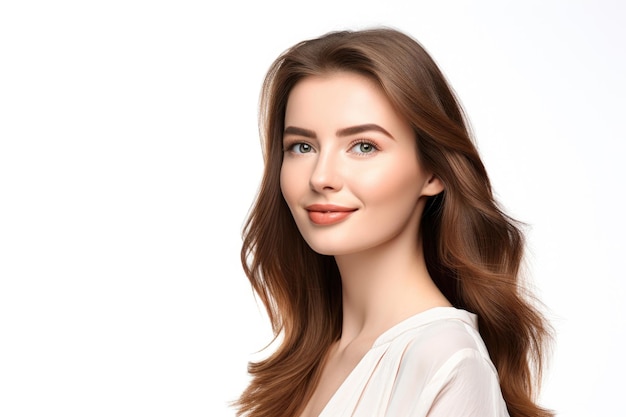 Aufnahme einer attraktiven jungen Frau, die vor einem weißen Hintergrund posiert, der mit generativer AI erstellt wurde