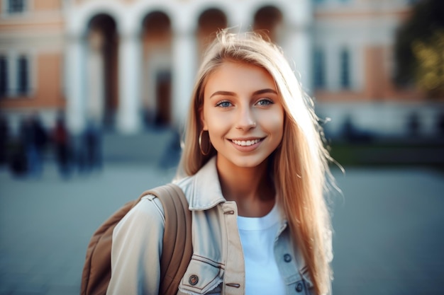 Aufnahme einer attraktiven jungen Studentin auf dem Campus, die mit generativer KI erstellt wurde