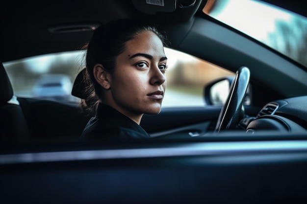 Aufnahme einer Fahrerin in einem leeren Auto, erstellt mit generativer KI