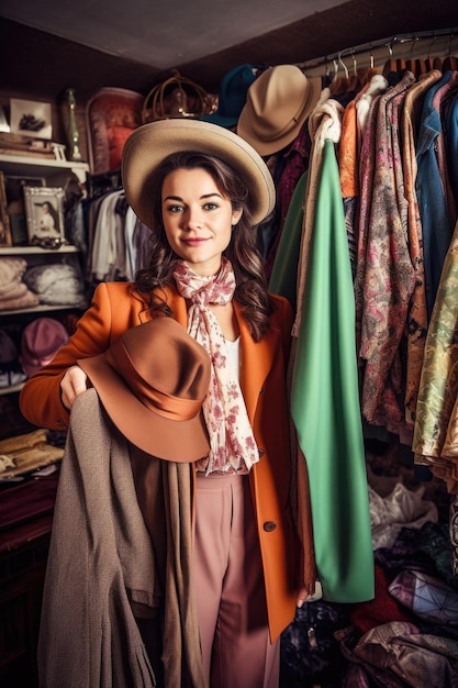 Aufnahme einer Frau, die eine Reihe von Kleidungsstücken aus ihrer Vintage-Boutique hält