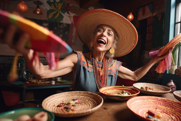 Aufnahme einer Frau, die einen Sombrero trägt, während sie tanzt, nachdem sie Tacos gegessen hat