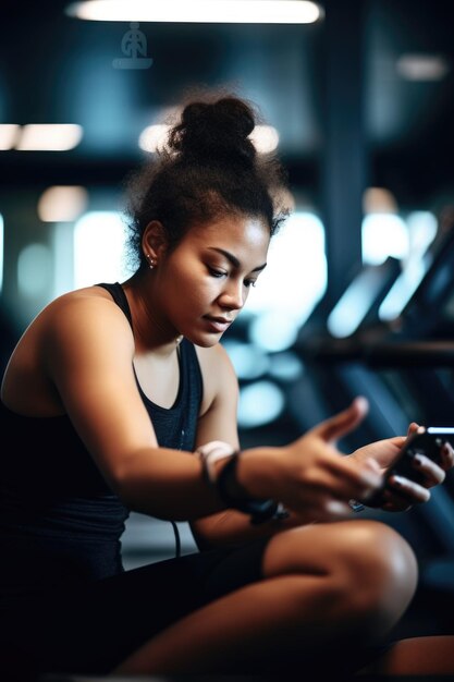 Aufnahme einer Frau, die ihr Handy benutzt, während sie in einem Fitnessstudio trainiert, das mit generativer KI erstellt wurde